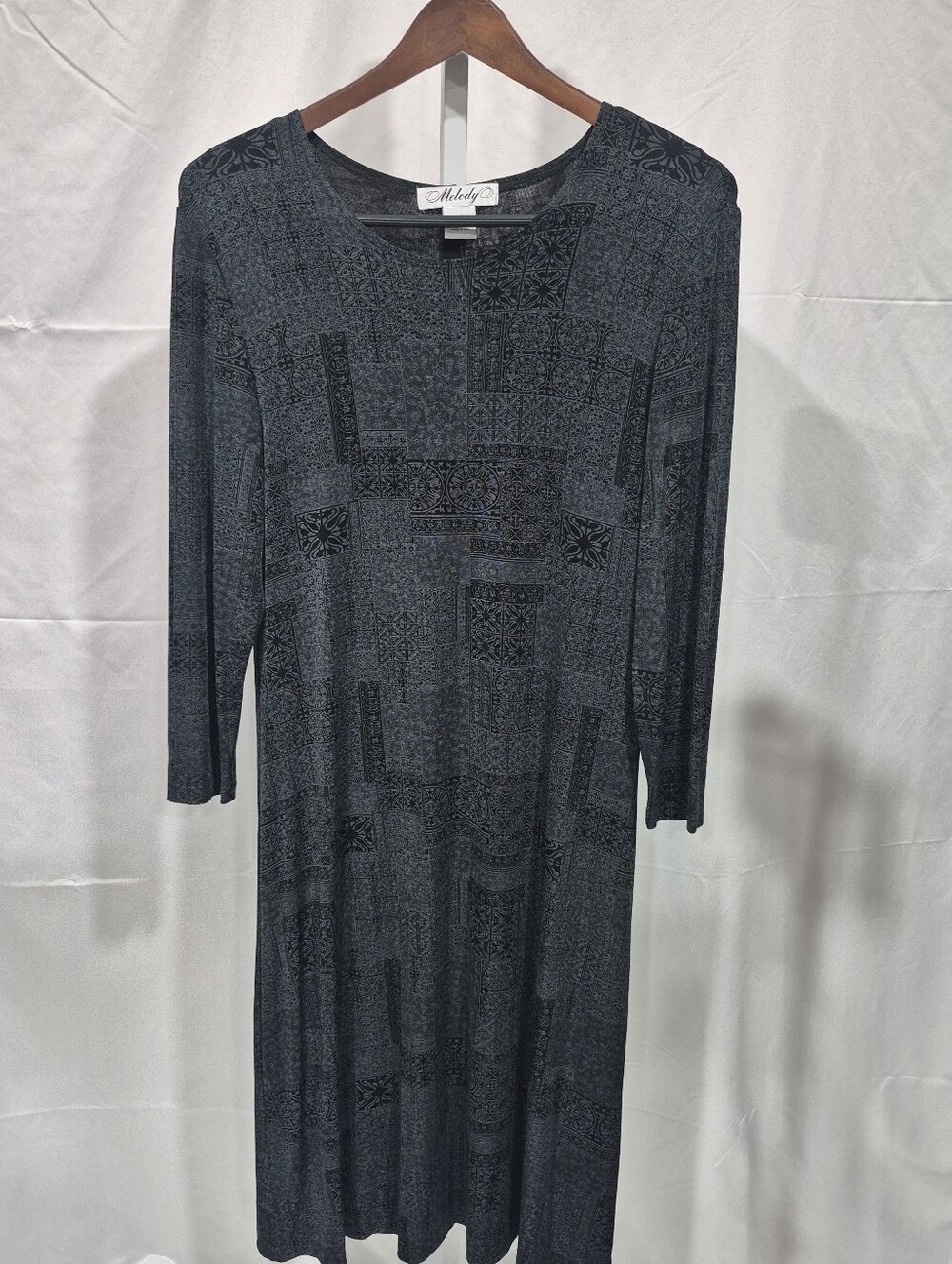 Melody Patchwork Print Midi Dress, Gray, Black, Long Sleeve, Medium